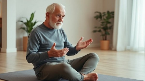 Senior man explaining pelvic floor exercises indoors, seated on a mat.
