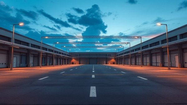 Modern Dallas industrial warehouse space at twilight with parking.