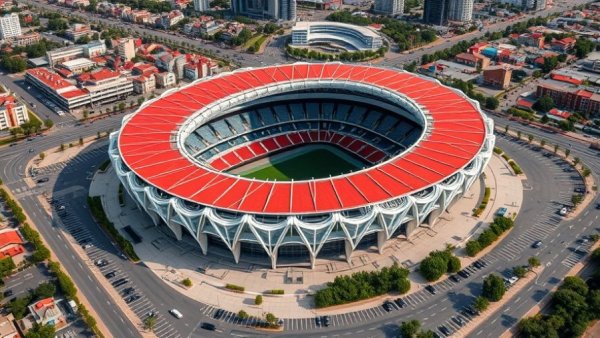 Frisco Toyota Stadium renovations with red and white roof in cityscape.