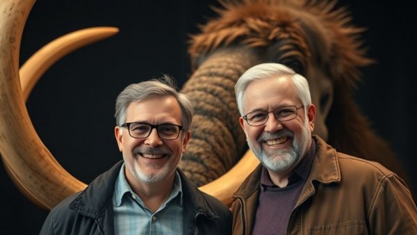 Two men with mammoth tusk, de-extinction of the bluebuck backdrop.