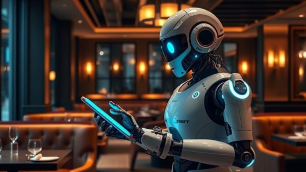 Futuristic robot in a Dallas restaurant, symbolizing business opportunities.