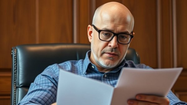 Man reading document in professional setting, focusing on city services.