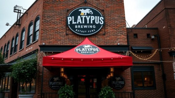 Exterior view of Platypus Brewing with a red tent and signage.