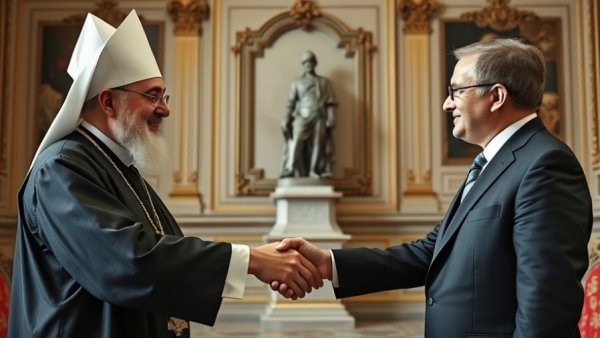 Formal handshake between a religious leader and politician in elegant setting.