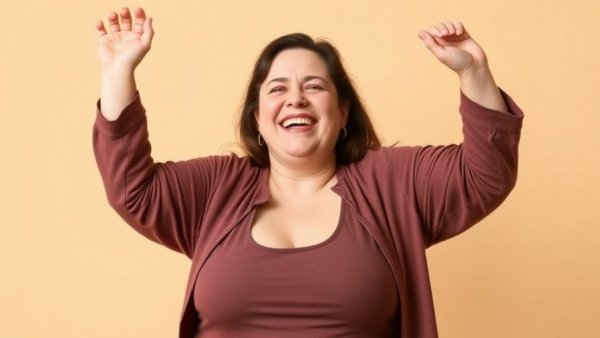 Woman jubilantly measuring weight loss on scale, highlighting Ozempic effectiveness for overeating.