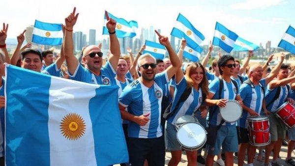 Argentina soccer fans rally with flags and drums in an outdoor setting.