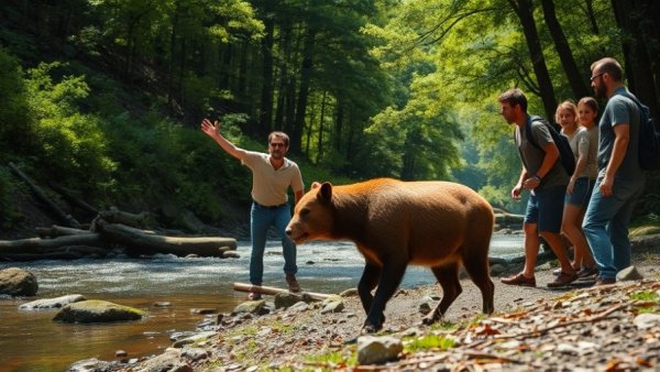 Rabid beaver attack by riverbank with distressed group.