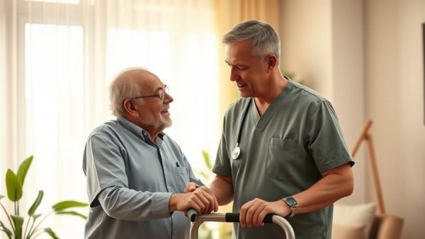 Hospital at home health care: Nurse aids elderly in walking.