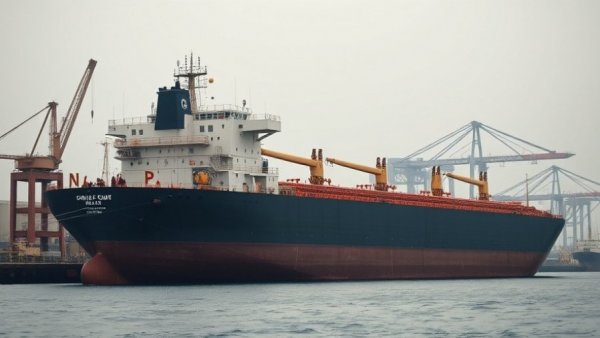 Oil tanker at Strait of Hormuz port during Iran conflict, hazy sky.