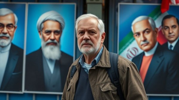 Man walks by Iranian leaders' portraits, Iranian regime collapse.