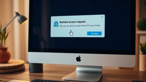 Computer screen showing remote access request in home office, highlighting cyber threat awareness.