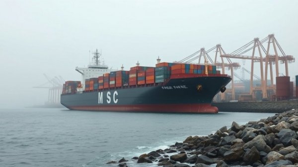Cargo ship at dock near Strait of Hormuz highlights Iran's control.