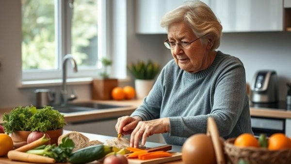 Elderly woman preparing food in modern kitchen. Healthy aging tips.
