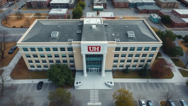 Aerial view of UH building highlighting cyberattack effects.