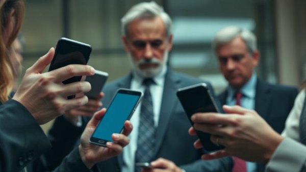 Group using smartphones, serious man considering government data collection tools.