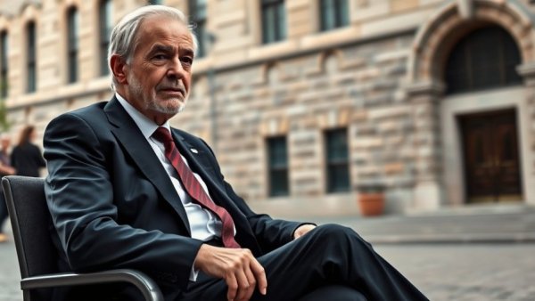 Older man in dark suit during an outdoor interview.