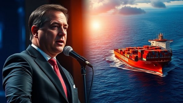 US news split image with speaker and ship, contrasting scene.