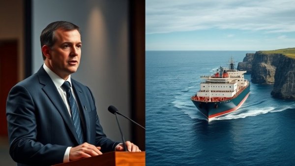 Breaking US news split-screen with speaker and ocean scene.