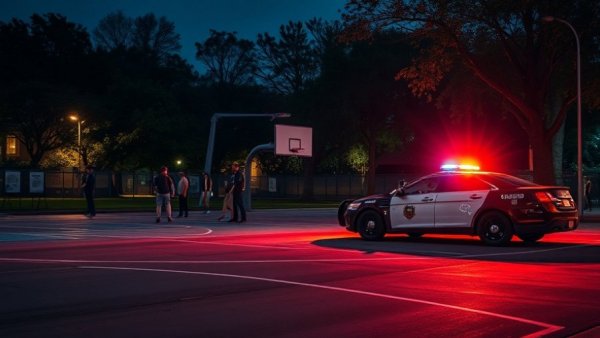 Police crime scene at a Houston park basketball court after shooting.