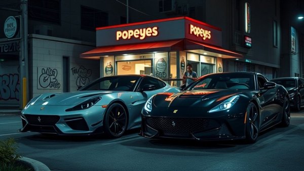 Parking lot takeover high-speed chase Harris County: sports cars in Popeyes lot.