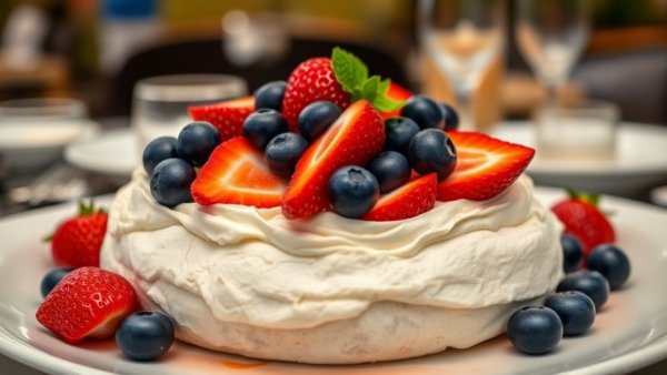 Tasty pavlova with strawberries and blueberries at Dallas brunch spot.