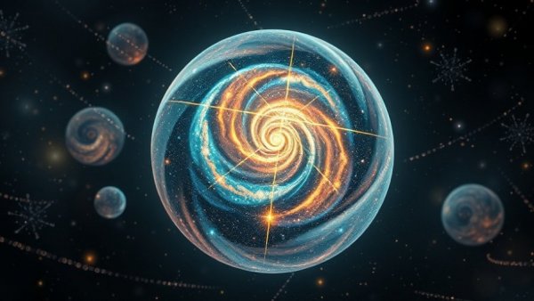 Luminous cosmic orb depicting fundamental constants of physics impact on life.