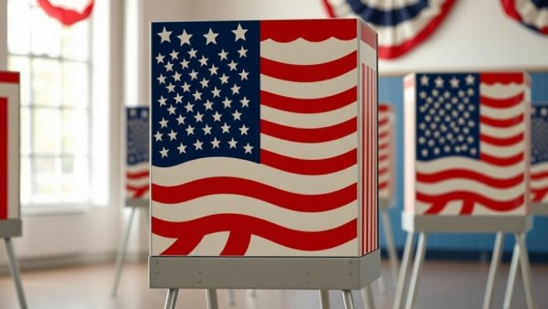 Voting booth with American flag symbolizing upcoming elections.