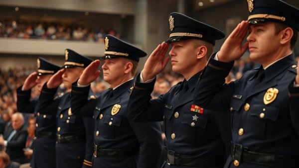 Houston police officers in ceremonial uniform saluting at an event.