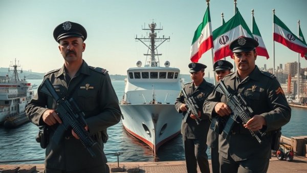 Iran executions news: Vessel in harbor and soldiers with flags.
