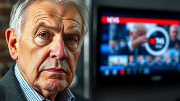 Trump breaking news today with serious expression and digital displays.