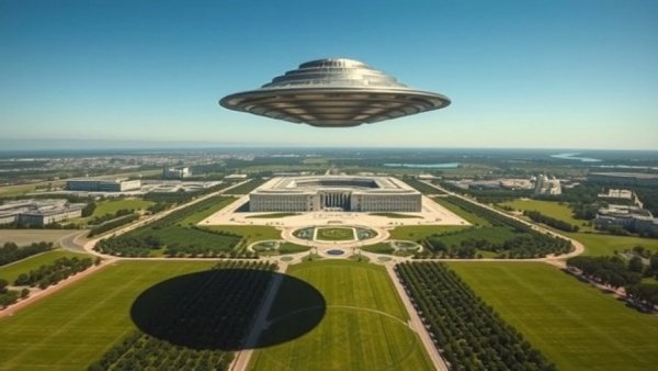 Pentagon UFO files released: juxtaposition of Pentagon aerial view and UFO illustration.