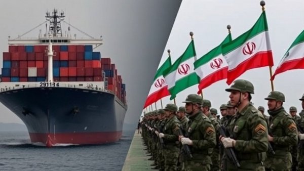 Split image illustrating Iranian maritime and military tension.