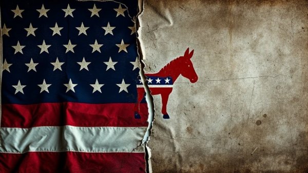 Fractured Democratic symbol on American flag backdrop.