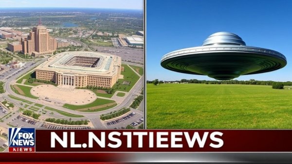 Pentagon UFO files transparency news with aerial view and UFO illustration.