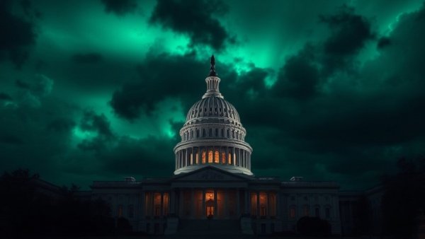 Dramatic U.S. Capitol with UAP in green sky, national security issue UAPs.