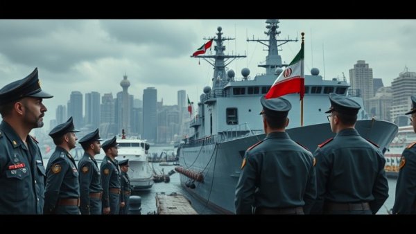 Iranian flags with soldiers and a ship in harbor, highlighting Iran Executions