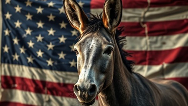 Illustration depicting political tension with an American flag and donkey graphic