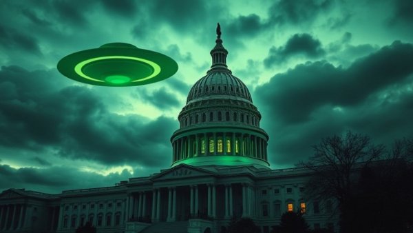 Capitol building with UFO overlay, national security issue focus.
