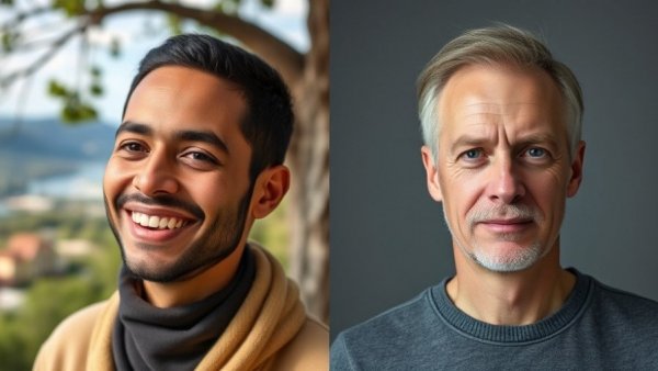 Split image of two unidentified people, one smiling, other serious.
