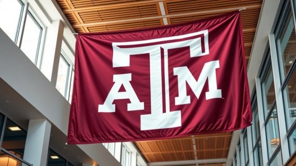 A&M logo on maroon banner indoors related to Texas A&M trademark infringement.