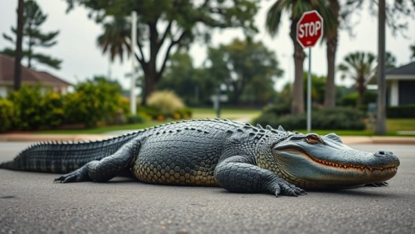 Gator sightings Sienna Texas: alligator on suburban street with park backdrop.
