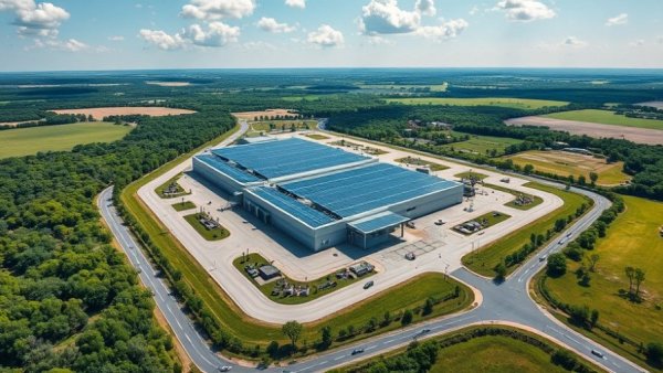 Aerial view of a solar factory in Houston, showcasing job opportunities