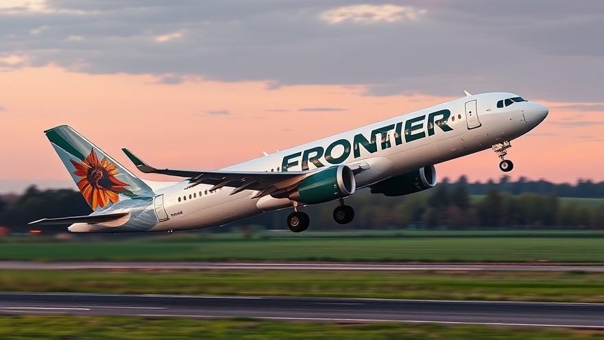 Frontier Airlines plane preparing to land, clear sky, green backdrop.