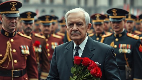 Older man holds roses amid military ceremony, Ukraine ceasefire context.