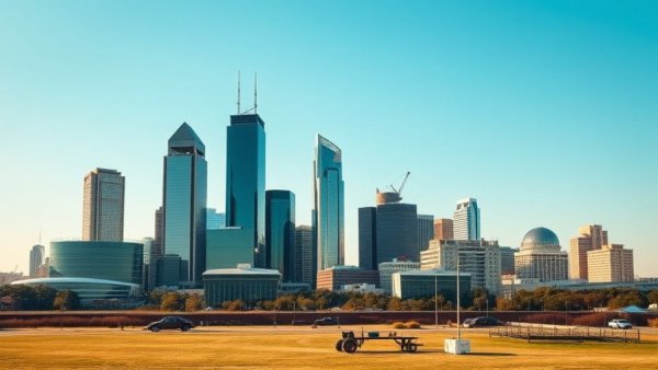 Dallas skyline with iconic corporate headquarters buildings.