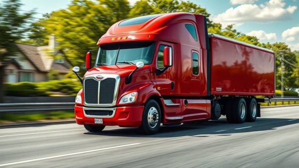 Autonomous red semi-truck in Houston partnership, suburban road.