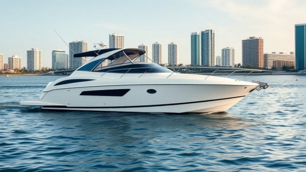 Sleek white motorboat in Miami waters, peaceful scene.