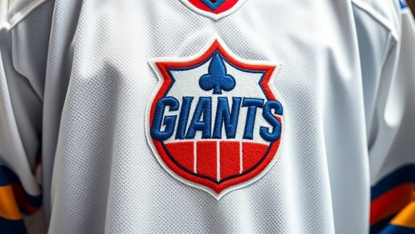 Detailed close-up of a Giants hockey jersey with embroidered logo.