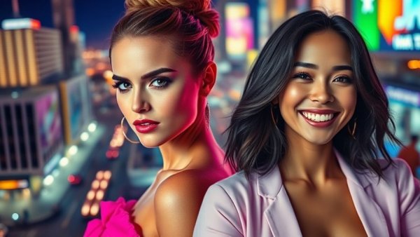 Collage of women amid hookup rumors with colorful cityscape.