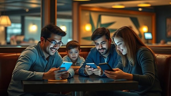 Family displaying communication patterns in the digital age at dinner.